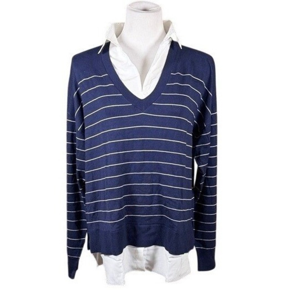 Hilary Radley Womens XL Navy Blue Striped Layered Mixed Media Sweater
